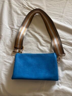 Blue Leather Crossbody Bag with Striped Strap